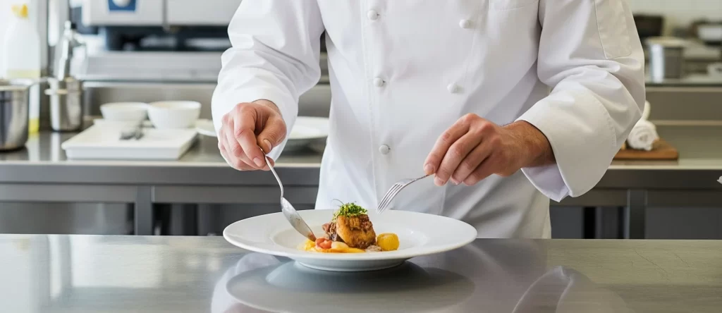 “Chef preparando um prato fine-dining, simbolizando o Guia Michelin”